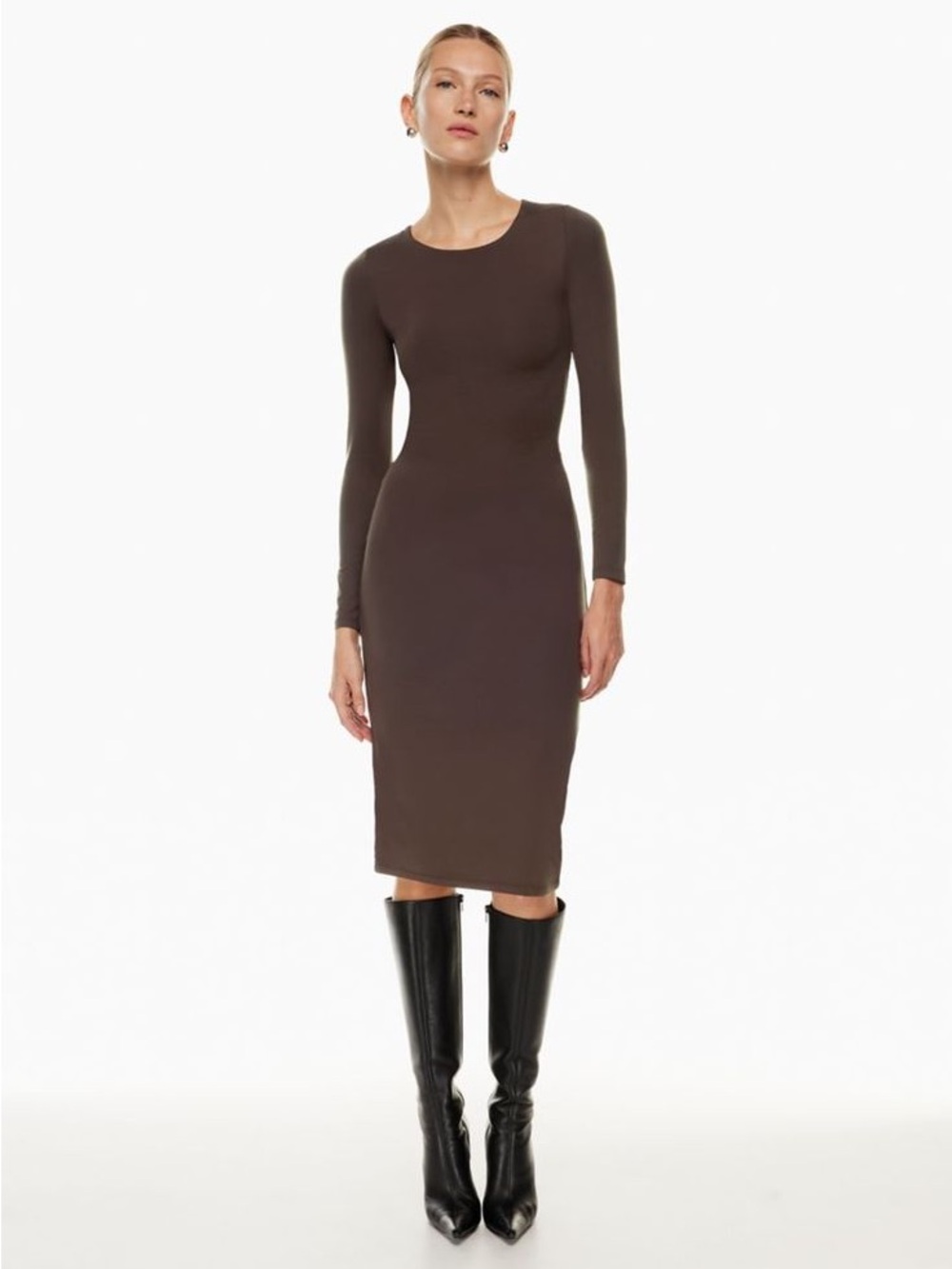 Babaton Aritzia Contour Sleek Crew Long Sleeve Bodycon Midi Dress Brown Sz L